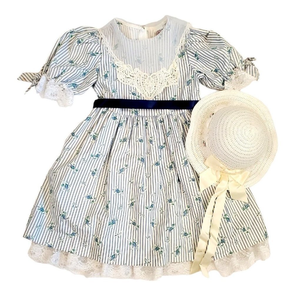 Vintage 90s Girls White Blue Floral Striped Bib Collar Party Dress‎ w Hat Sz 5